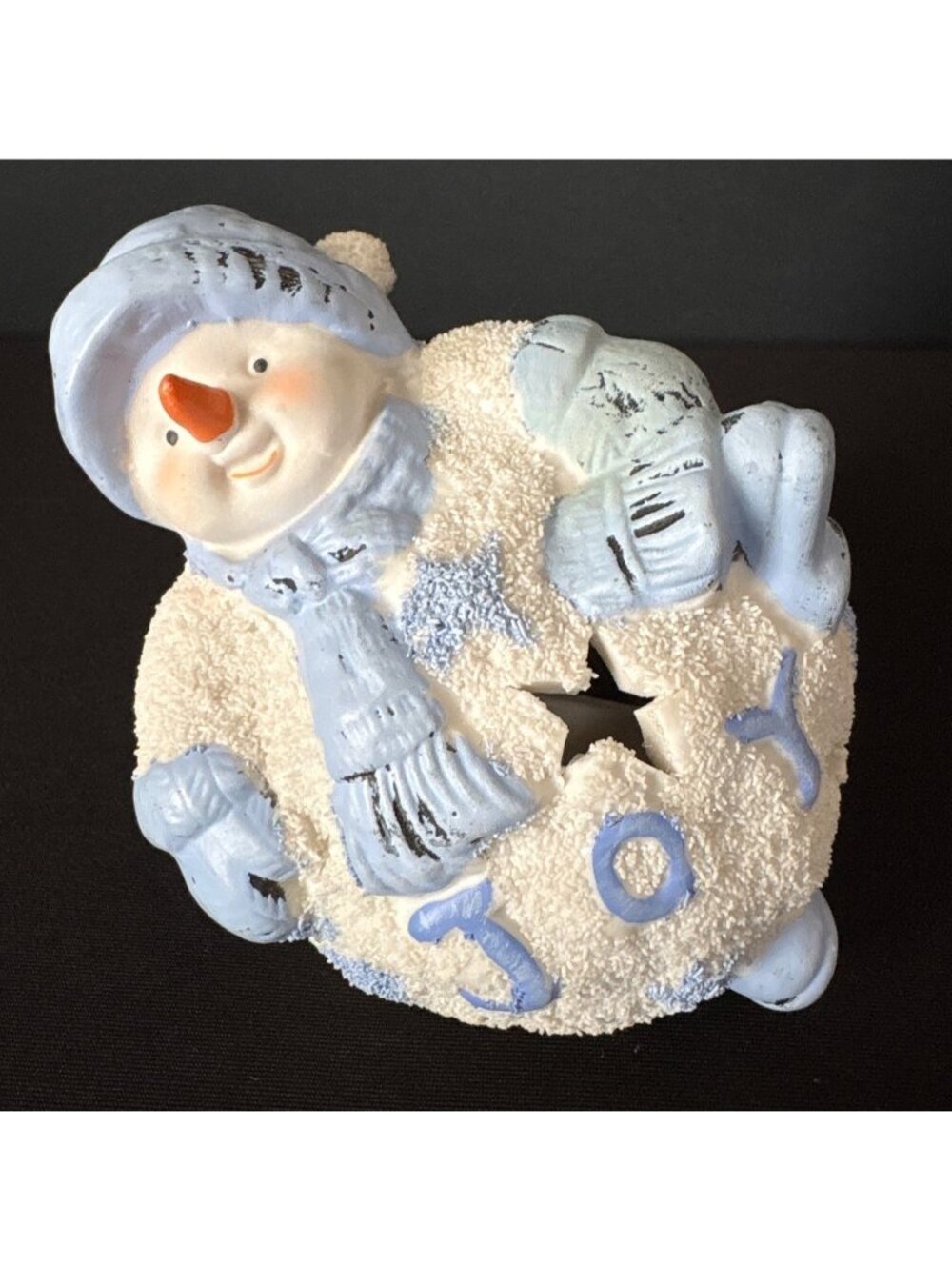 Vintage Christmas Snowman Candle Holder Tea Light Joy Winter Blue 4" Figurine